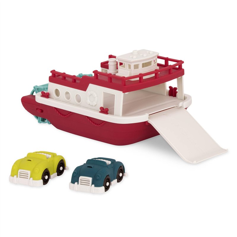 Battat - Wonder Wheels - Bateau Ferry Flotant - Jouet de bain avec voitures pour les tout-petits - 3 pieces - Rouge et blanc, 1