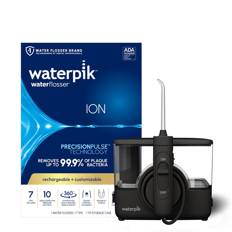 Waterpik ION Professional WF12 Hydropulseur dentaire sans fil rechargeable et portable, noir, 1 pièce
