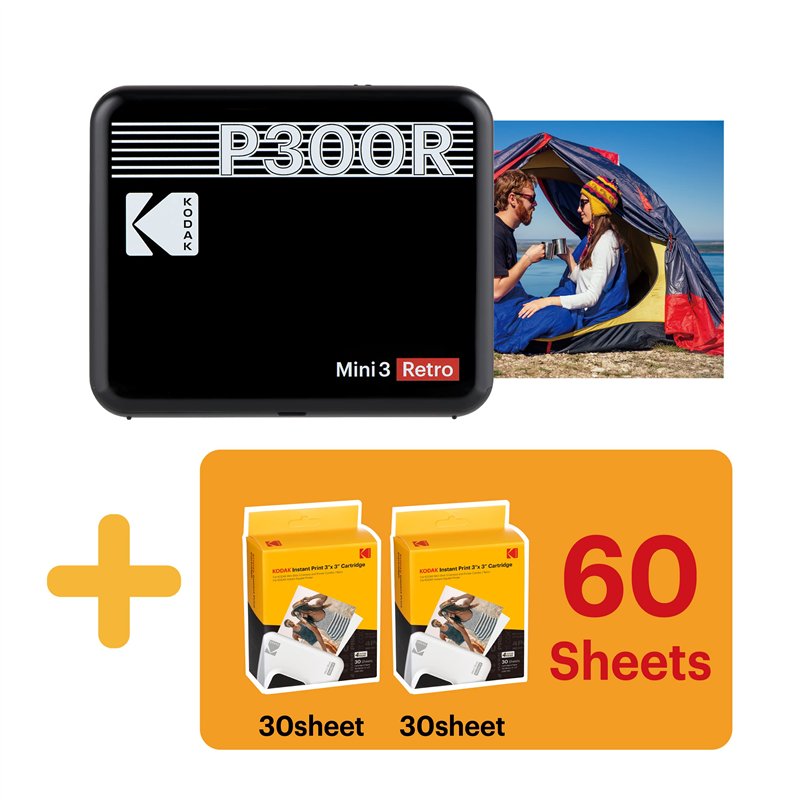 Image secondaire de KODAK Mini 3 Retro 4PASS Imprimante Photo Portable (7,6x7,6cm) - Paquet avec 68 Feuilles, Noir