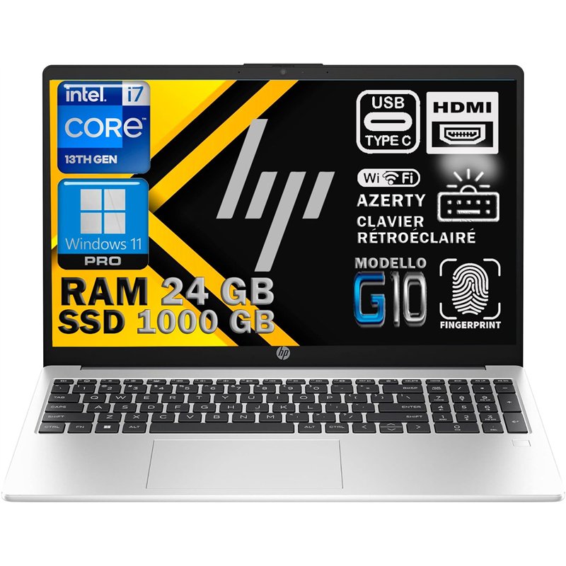 HP 250 G10 Ordinateur Portable Professionnel Intel Core i7 13ᵉ Gén, RAM 24 Go DDR4, SSD 1To, Écran 15,6 Full HD, WiFi 6E, Copilo