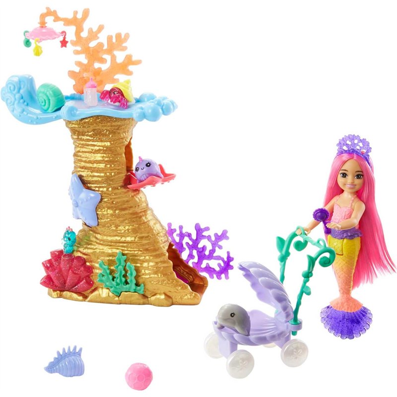 Barbie Coffret Barbie Mermaid Power avec Poupée Chelsea Sirène, 4 Figurines d’Animaux, 1 Espace de Jeu Récif Corallien et Access