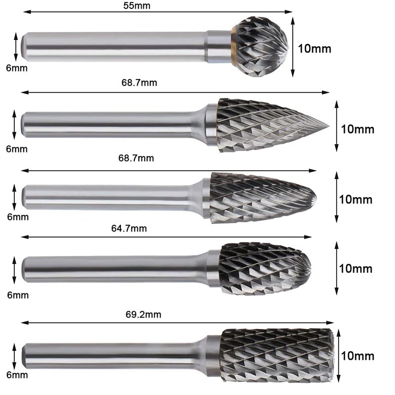Image secondaire de Kit de 5 pièces Fraises Rotatives en Carbure de Tungstène Double Coupe Tige 6mm Tête 10mm Outil Dremel Perceuse Ponceuse Electri