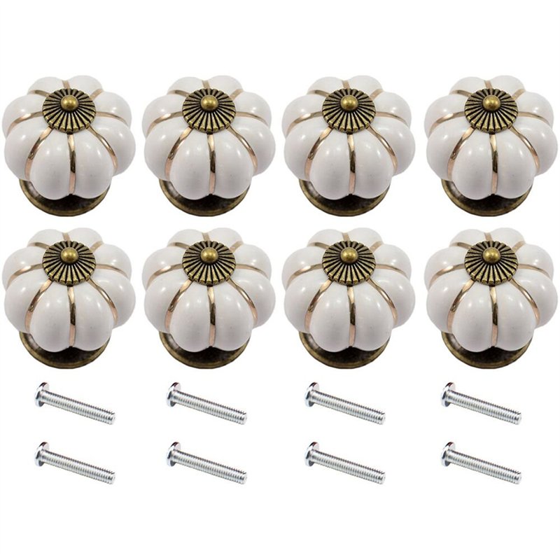 Clarmonde Lot de 8 boutons en céramique en forme de citrouille pour meubles, armoires, tiroirs (blanc)