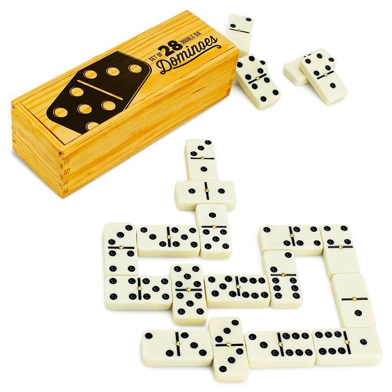 Brybelly Sabot de Double Six Dominos avec Laiton toupies en boîte de Rangement en Bois, Lot de 28