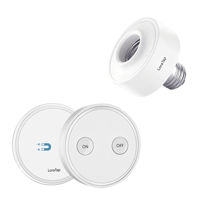 LoraTap Kit Interrupteur Sans Fil, E27 Douille, Récepteur Contrôle 30W, Portée 200M, Culot E27 Emetteur, 10 ans Autonomie, Comma