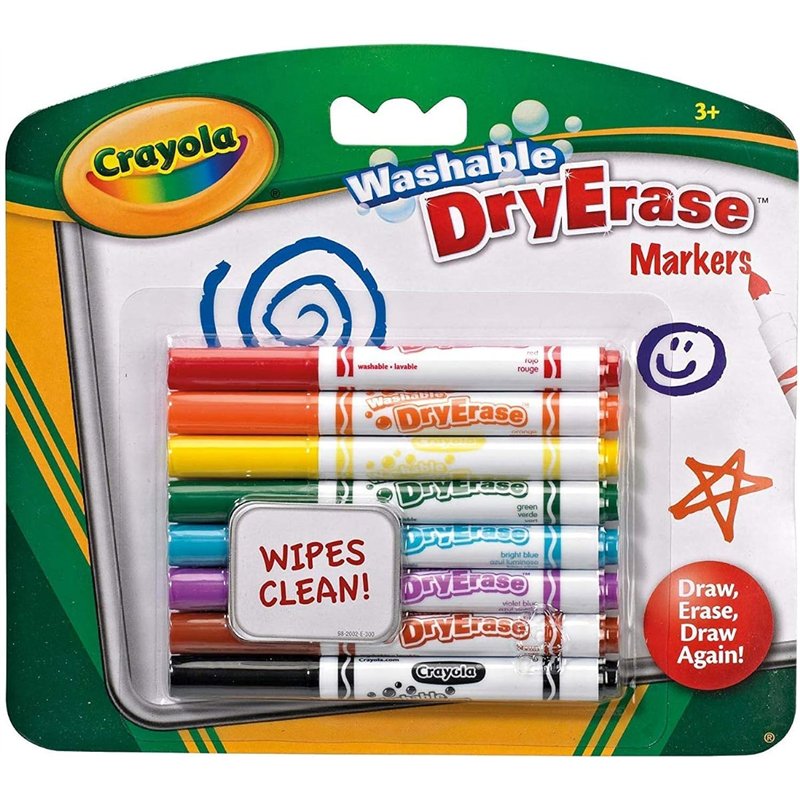 CRAYOLA Washable Dry-Erase Markers - Assorted Colours (Pack of 8), Low Odour, Easy Wiping Colouring Fun!, Ideal for Kids Aged