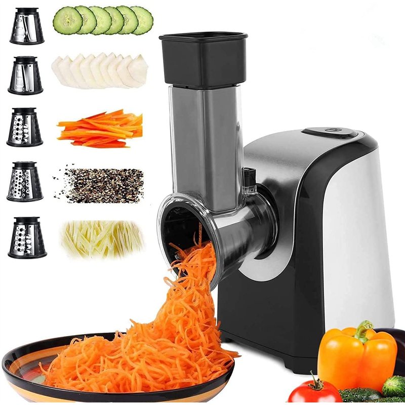 COOCHEER Découpe légumes électrique, 5 en 1 Râpe et Hachoir Electrique 150W, Argent, pour Fromage, Carottes, Concombres