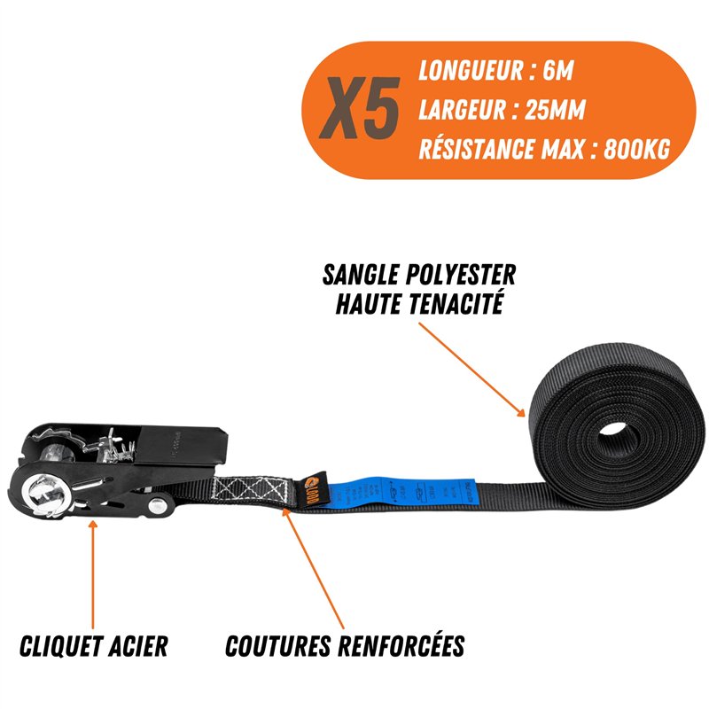 Image secondaire de LODD - 5 Sangles d'Arrimage à Cliquet en Acier 6m x 25mm - Polyester Résistant (800 kg) avec Sac de Transport - Norme en 12195-2