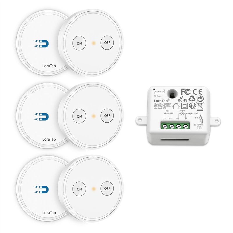 LoraTap Kit Interrupteur Sans Fil, Récepteur 2500W, Portée 200M, 3 Emetteurs Radio 868Mhz, 10 ans Autonomie, Va et Vient, Comman