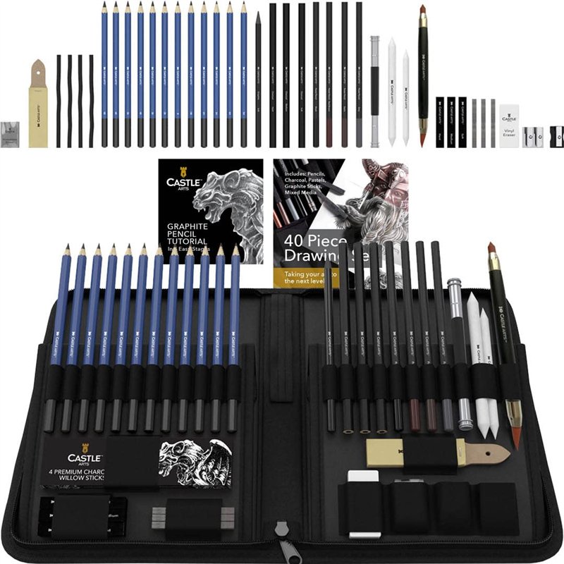 Castle Art Supplies Set de 40 Pièces pour Dessin et Croquis avec Tutoriel | Pour Artistes, Professionnels ou Débutants | Crayons