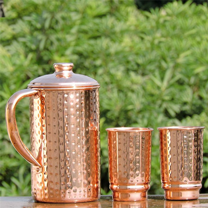 Image secondaire de Healthgoodseu Pichet En Cuivre Et Lot De 2 Gobelets Pour Les Bienfaits De La Santé Ayurveda | Carafe D'Eau En Cuivre Martelé Pur