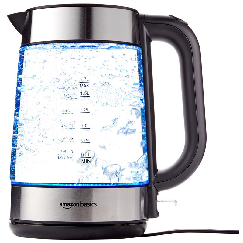 Amazon Basics Bouilloire électrique en verre, 1.7 l, 2200W, Noir, Argenté