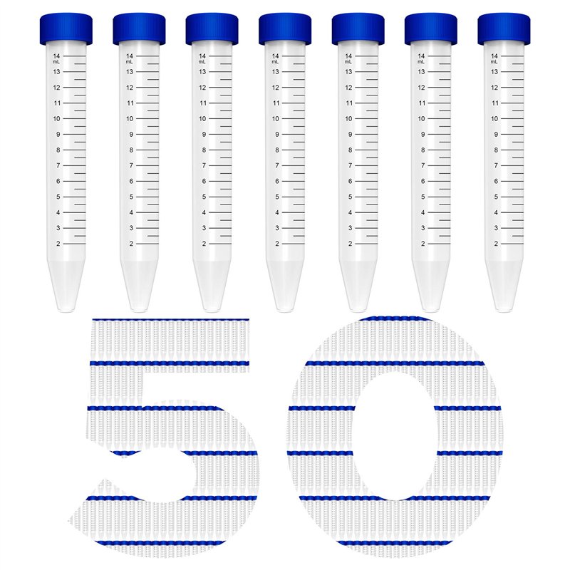 Lot de 50 tubes à centrifugeuse coniques de 15 ml en plastique stérile avec bouchons à vis, récipient en polypropylène de laboratoire