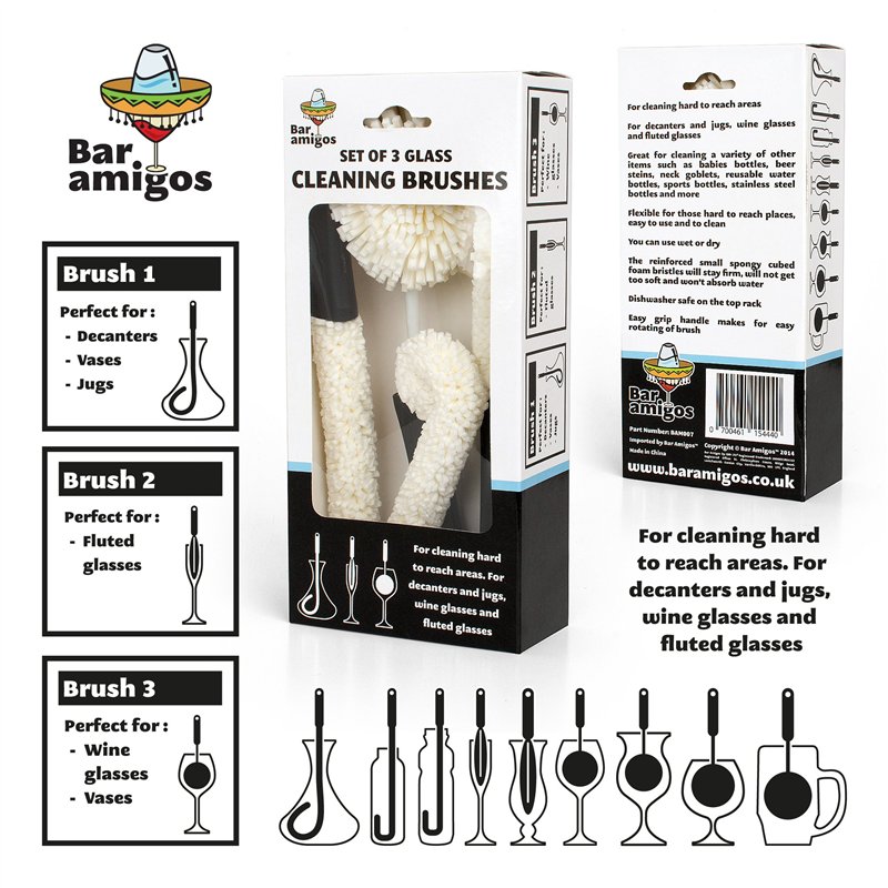 Image secondaire de Bar Amigos Goupillon carafe à vin Lot de 3 Brosse pour Vases et Verres Verrerie carafe à décanterverre brosse de nettoyage pour