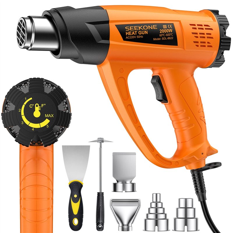 Décapeur Thermique Professionnel 2000W, SEEKONE Pistolet à Air Chaud 60-600℃ Température Réglable, 2 Débit d'air, Protection de