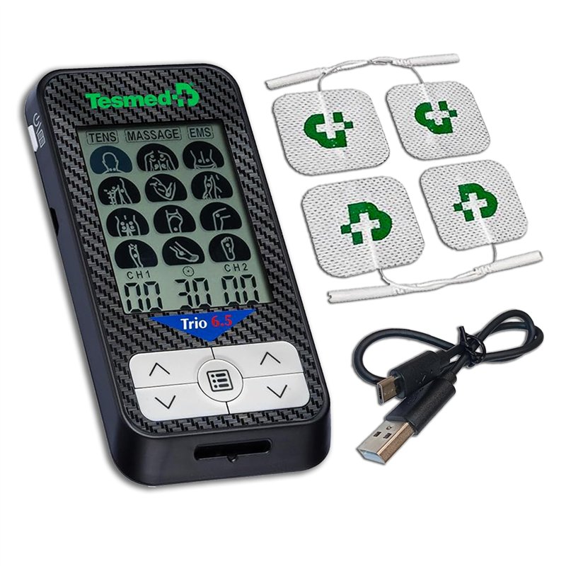 TESMED Trio 6.5: Électrostimulateur Musculaire Rechargeable par USB - 36 Programmes, 40 Niveaux d'Intensité, 4 Électrodes - EMS,
