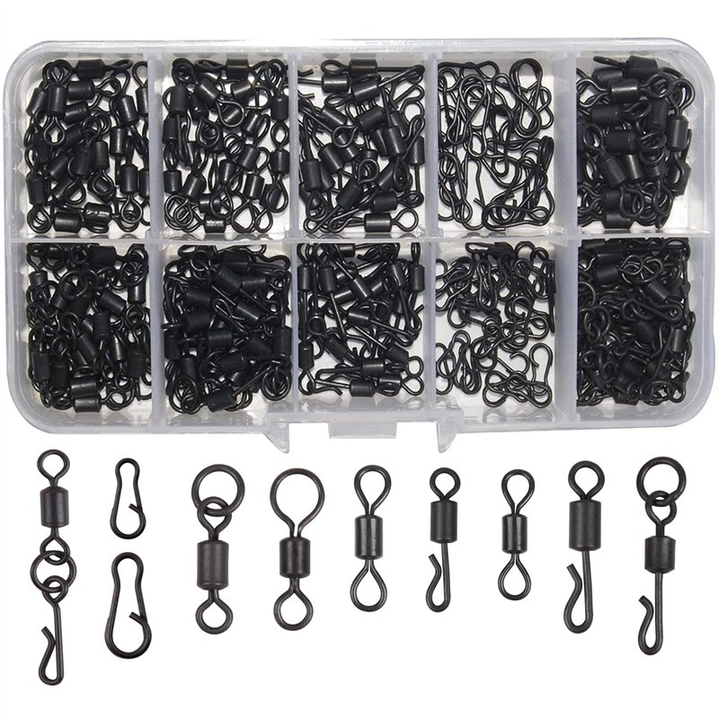 150pcs/boîte émerillons pivotants noirs mats pour la pêche de la carpe attaches rapides avec boîte de matériel pour la pêche de 