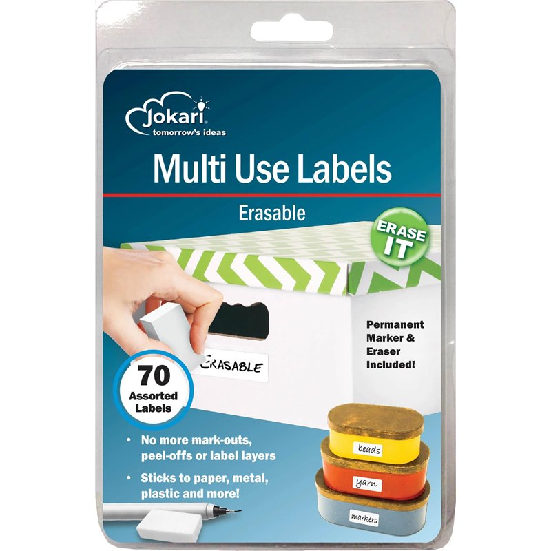 JOKARI 47802 - à Imprimer Une Fois effaçable étiquettes multiusage kit de démarrage avec 70 étiquettes, Gomme et Stylo