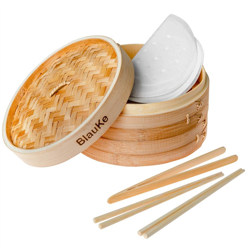 BlauKe Panier Vapeur Bambou 25cm avec 2 Paires Baguettes Réutilisables, 50 Papiers de Cire, Pinces - Cuiseur Bambou avec 2 Etage