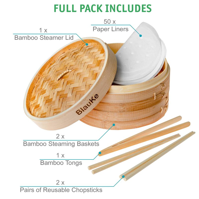 Image secondaire de BlauKe Panier Vapeur Bambou 25cm avec 2 Paires Baguettes Réutilisables, 50 Papiers de Cire, Pinces - Cuiseur Bambou avec 2 Etage