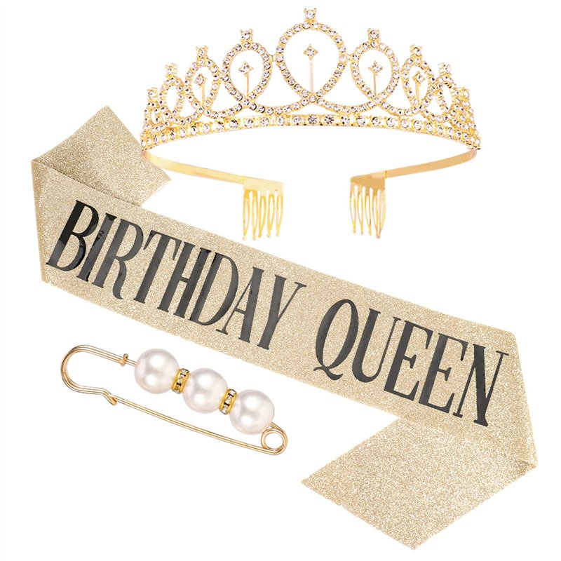 KroY PecoeD Couronne Anniversaire Echarpe, Doré Birthday Queen Echarpe Reine Diadème de Princesse en Strass Broche Perle Femme F