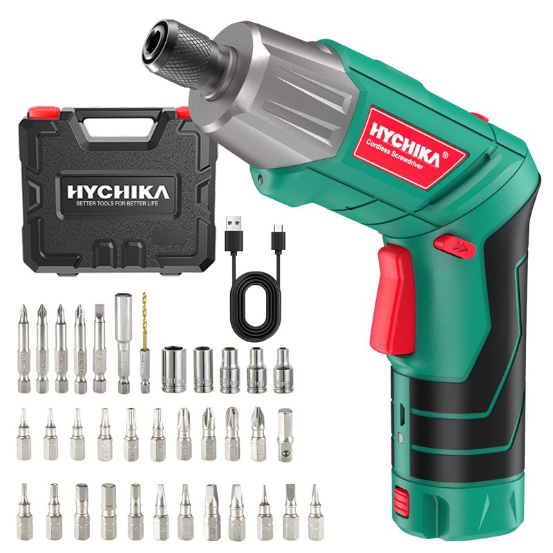 HYCHIKA Visseuse Sans Fil 6Nm, Visseuse Devisseuse sans Fil 2.0Ah 3.6V Avec 35 Accessoires, Lampe LED, Câble USB et Boîte de Ran