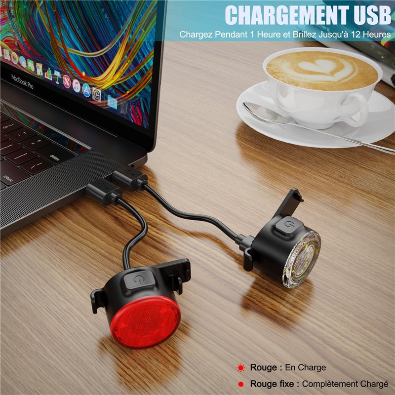 Image secondaire de Lumiere Velo, USB Rechargeable Avant et Arrière Vélo Lumière, Eclairage Velo à LED étanche IPX5, 6 Modes D'éclairage, Adaptés po