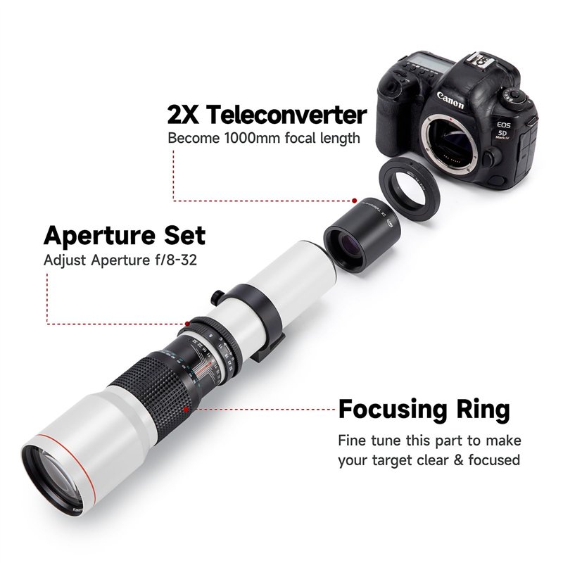 Image secondaire de JINTU 500-1000mm f/8 Téléobjectif Lentille pour Canon EF/EF-S pour Canon EOS 2000D 4000D 1100D 1000D 400D 450D 500D 550D 650D 70