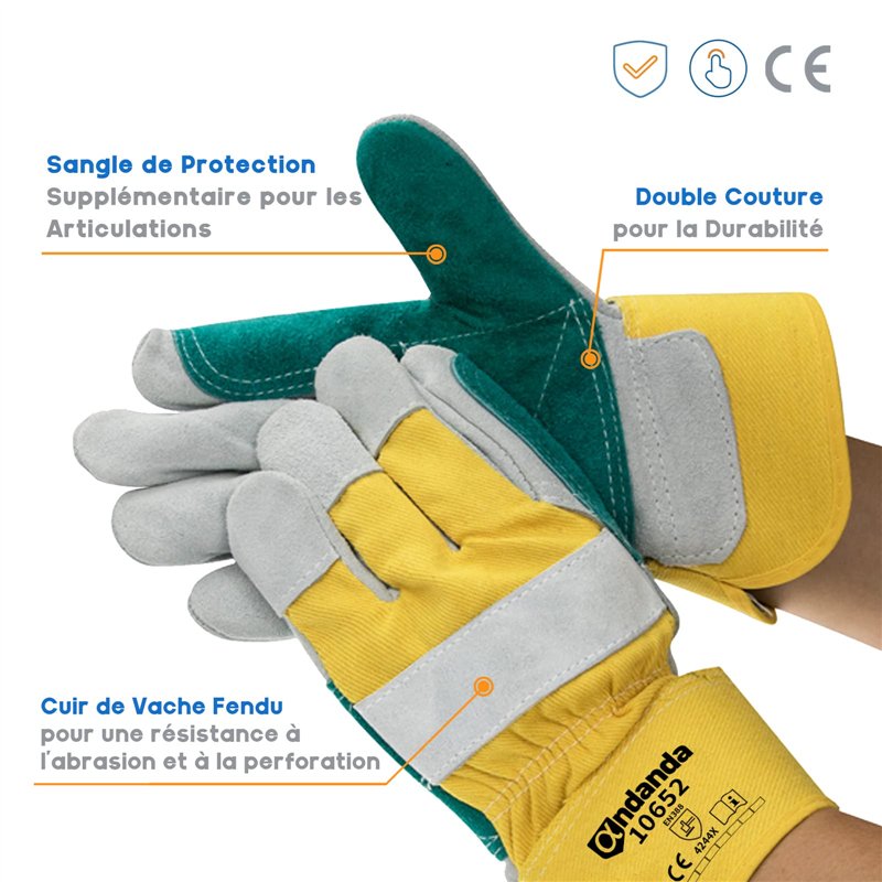 Image secondaire de ANDANDA Gants de Travail, Résistant à la Déchirure et Perforation, Gants Hiver Homme, Double Couche de Cuir de Vache, Gant Jardi