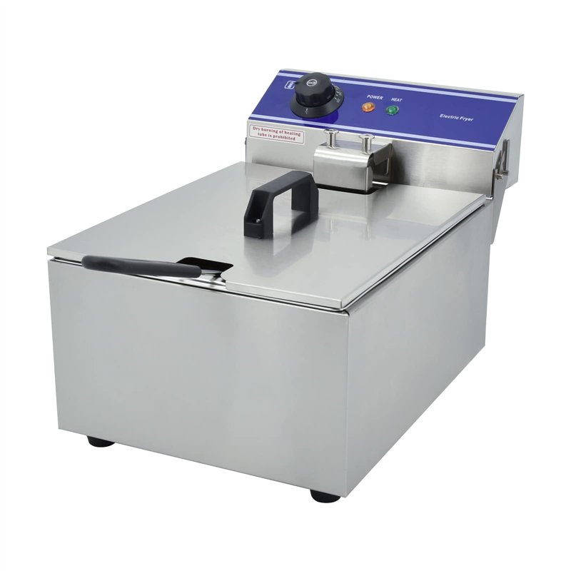 MOOTACO Friteuse électrique Professionnelle Inox unique réservoir 6L Huile, 3000W, 1 Paniers à Friture avec Poignée en Caoutchou