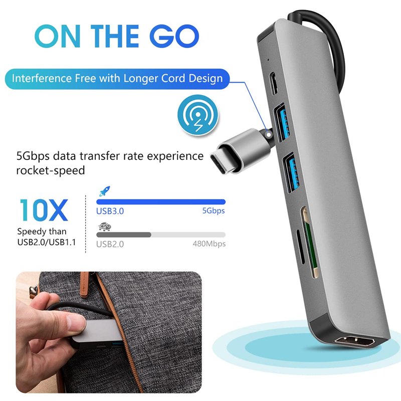 Image secondaire de Hub USB C, 6 en 1 DEMKICO Adaptateur Multiport Type C avec HDMI 4K, Lecteur de Cartes SD/TF, Port USB 3.0 & USB 2.0, Port PD 100