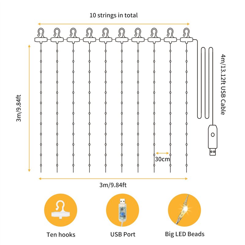 Image secondaire de Guirlande Lumineuse Rideau, Rideau Lumineux 300 LED 3m*3m, 8 Modes d'Eclairage Dimmable, Etanche IP65 avec Minuterie et Télécomm