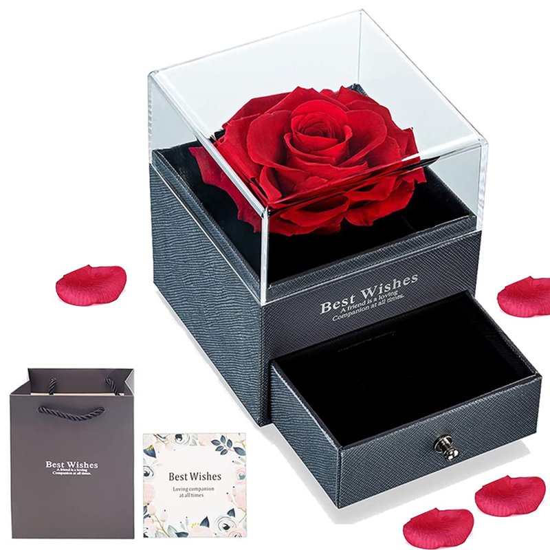 Boîte Rose Éternelle avec Bijoux, Collier, Sac Cadeau et Carte de Vœux Manuscrite - Cadeau pour Dames