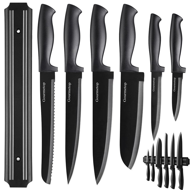 Gourmetop Ensemble De Couteaux De Cuisine Avec Bande Magnétique Sans Perçage, Couteaux De Chef Noirs Tranchants Pour Couper Vian