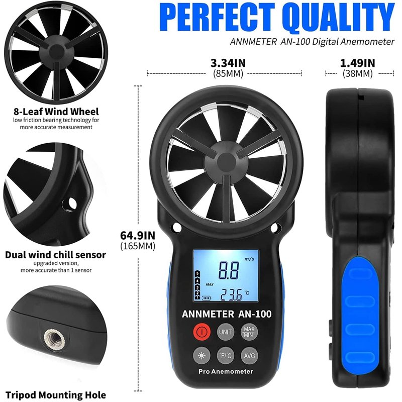 Image secondaire de AIOMEST Anémomètre Numérique, Compteur de Vitesse du Vent Portable, Jauge de Débit D'air Mesurant la Vitesse de la Température d