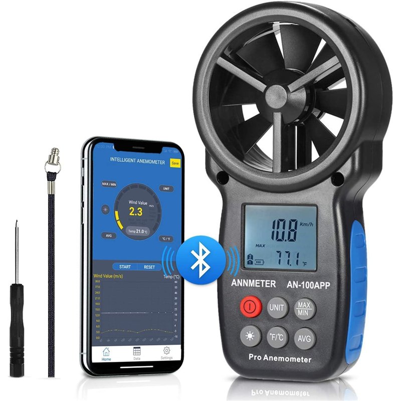 AIOMEST Anémomètre Numérique Bluetooth, Compteur de Vitesse du Vent Portable pour Testeur de Jauge de Refroidissement Éolien, Vi