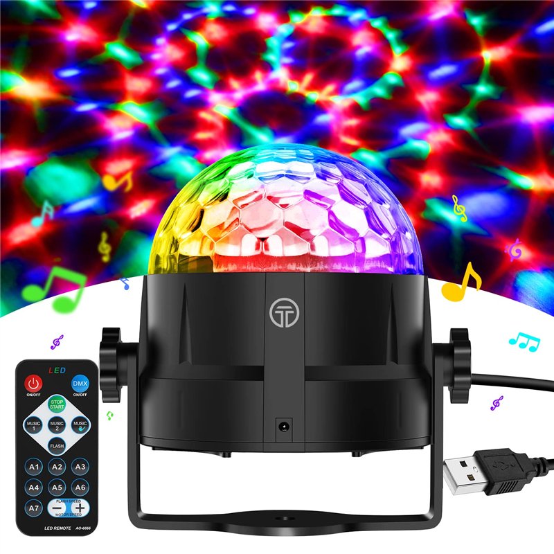 Gobikey Boule Disco de Commande Vocale, 360° Rotative Boule à Facette Couleurs,3 Modes de Musique Jeux de Lumiere avec USB 4M Té