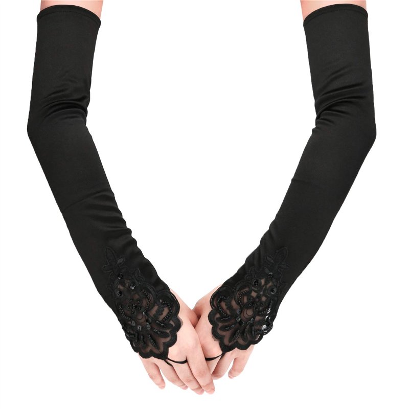 SAVITA Gants Longs Noirs Percés en Satin - Longueur 19