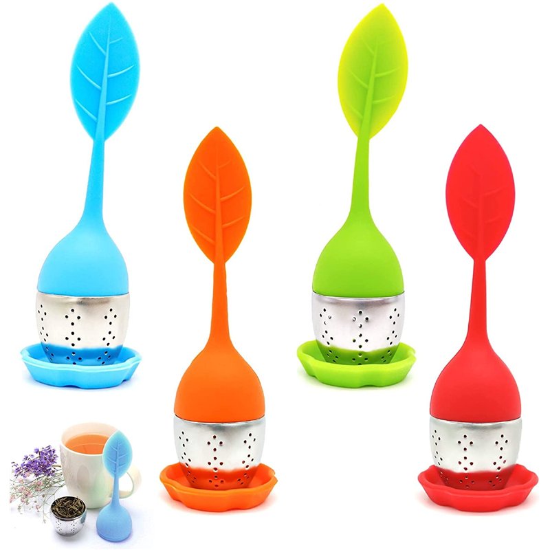 Lot de 4 infuseurs à thé en acier inoxydable et silicone - Passoire à thé avec couvercle et soucoupe - Boule à thé - Filtre à thé