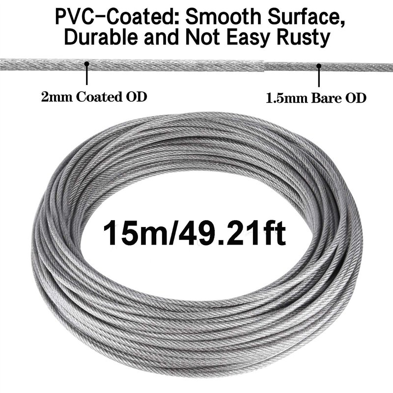 Image secondaire de 2mm Cable inox,Corde en Acier Inoxydable à Suspendre Kit,15M/2mm Câble en Acier Inoxydable Revêtu avec M5 Tendeurs de Fil,Serre-