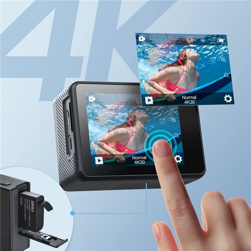 Image secondaire de Surfola Caméra Sport SF530 Étanche 4K 60FPS, WiFi Appareil Photo avec EIS, Microphone sans Fil, Double Écran, Ensemble de 2 Pile