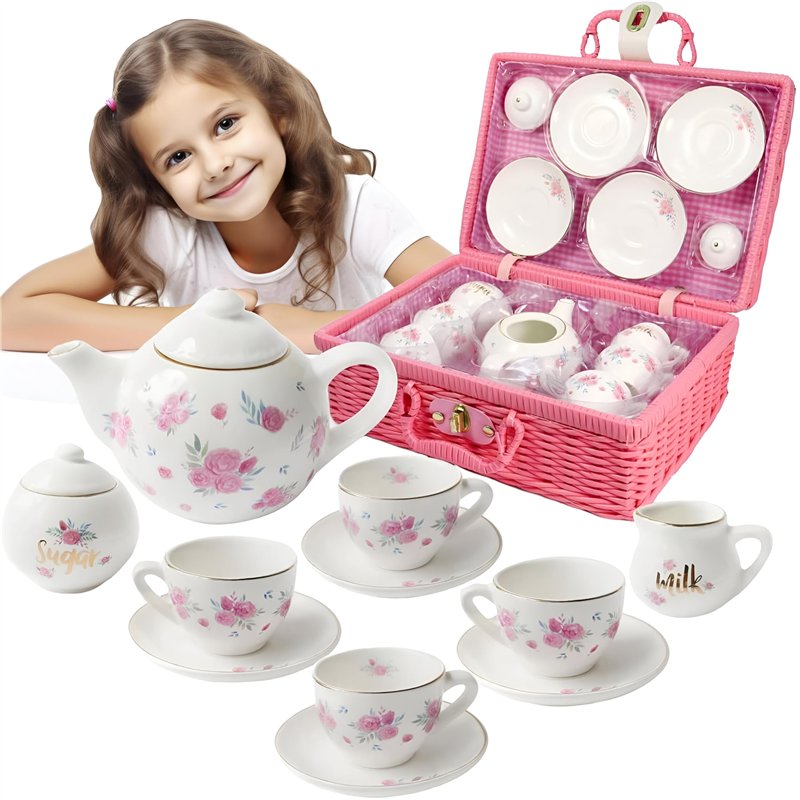 Jewelkeeper - Service à Thé en Porcelaine avec Panier pour Petites Filles, Dînette pour Enfants, 13 pièces - Design Floral