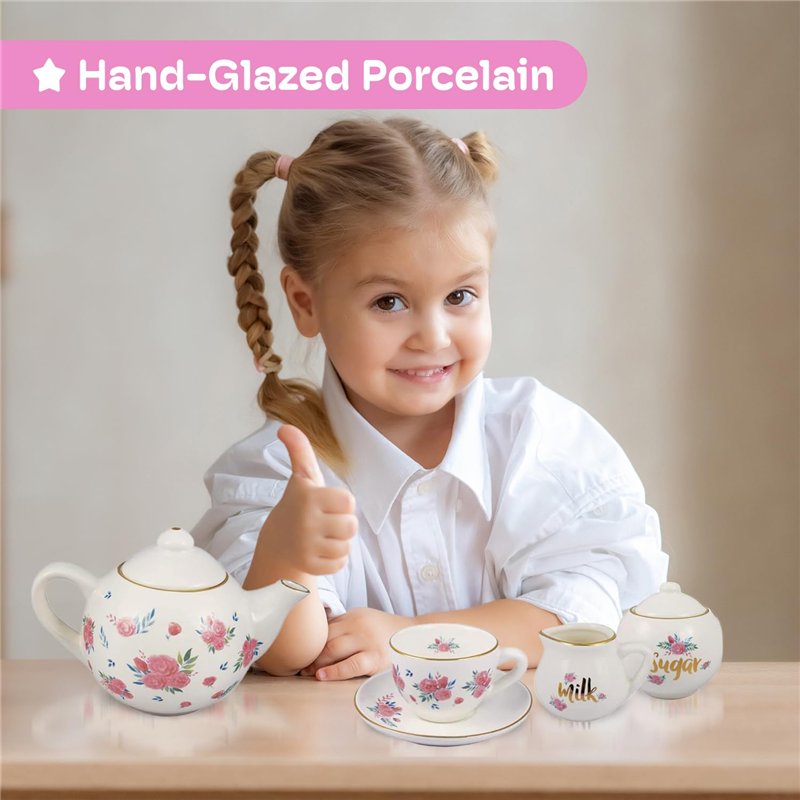 Image secondaire de Jewelkeeper - Service à Thé en Porcelaine avec Panier pour Petites Filles, Dînette pour Enfants, 13 pièces - Design Floral
