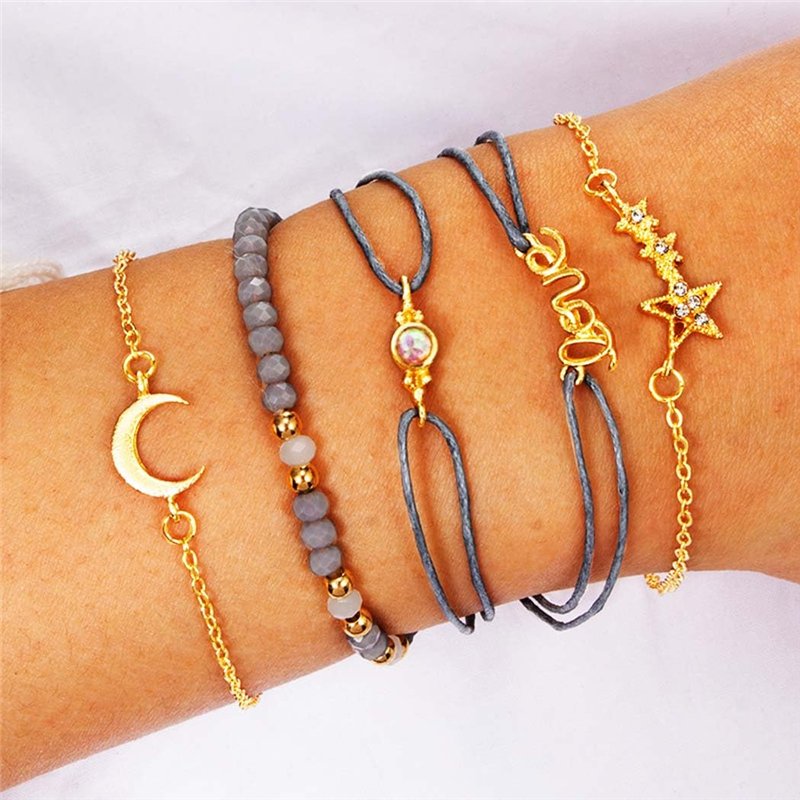 Image secondaire de Edary Lot de 6 bracelets boho Étoiles et lune en cristal et pierres précieuses bracelet Doré perles fait à la main chaîne pour f