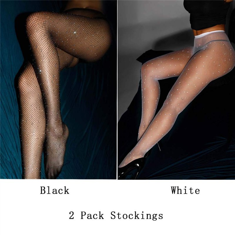 Image secondaire de Bohend Strass Résille Collants M/L Bas Noir Scintillait Filets de pêche Extensible Taille haute Boîte de nuit Collants Fête Stoc