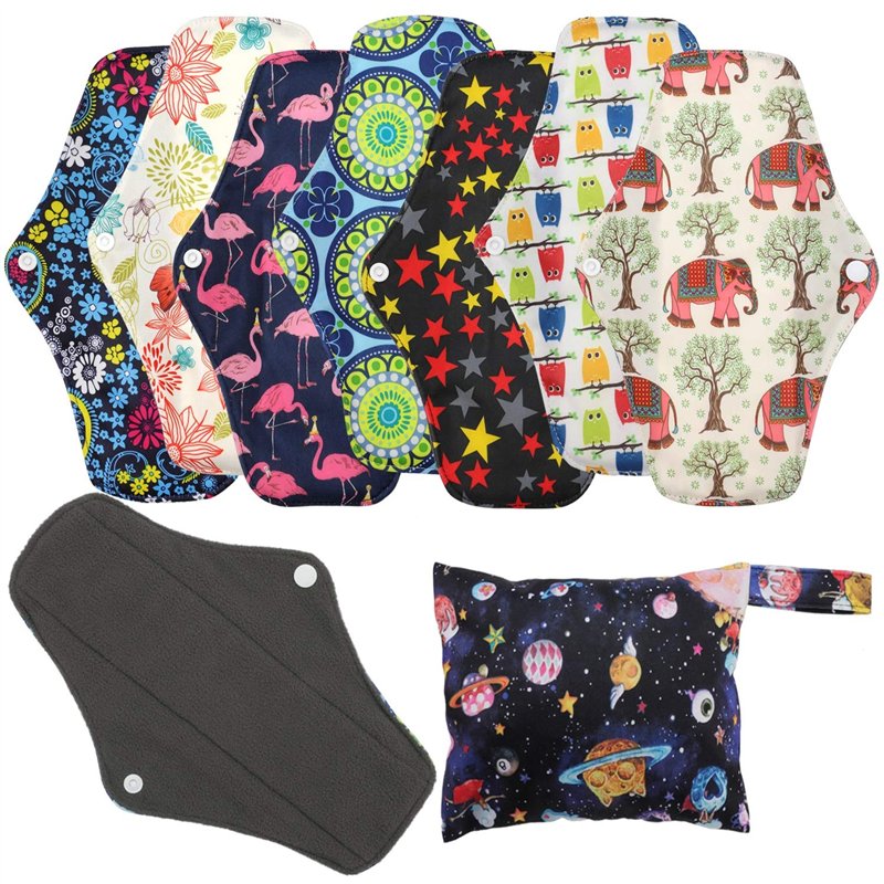 Serviettes hygiéniques réutilisables (7 en 1, 25,4cm), Protège-slips en bambou antibactérien avec sac de rangement, Tissu lavable
