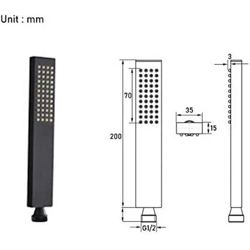 Image secondaire de Housler Pommeau de douche carré noir mat 2 fonctions avec flexible de 1,5 m