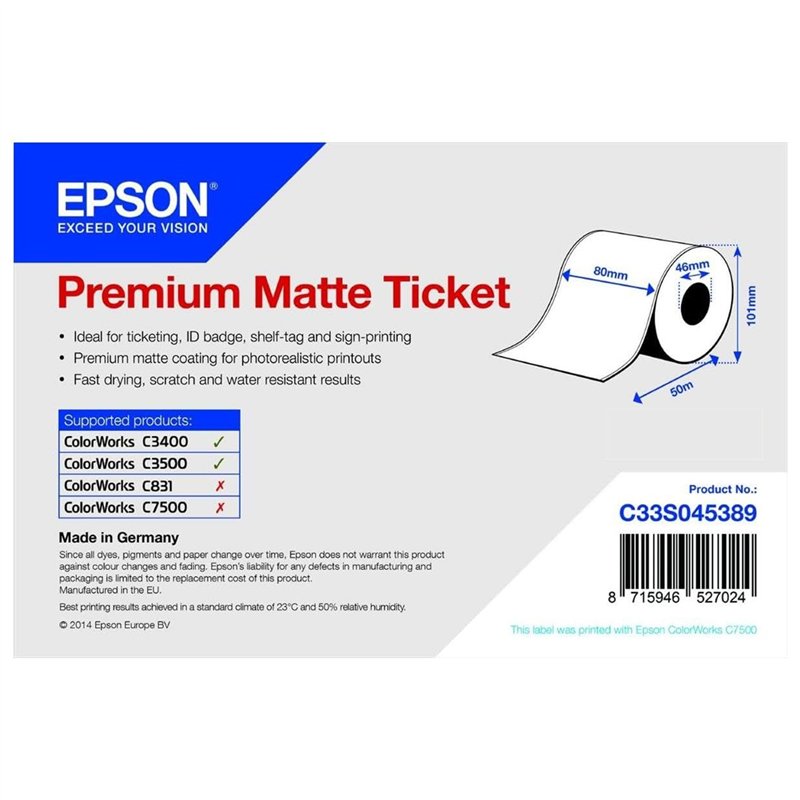 EPSON Rouleau d'étiquettes Premium Matte 80mm x 50m 107g pour TM-C3400