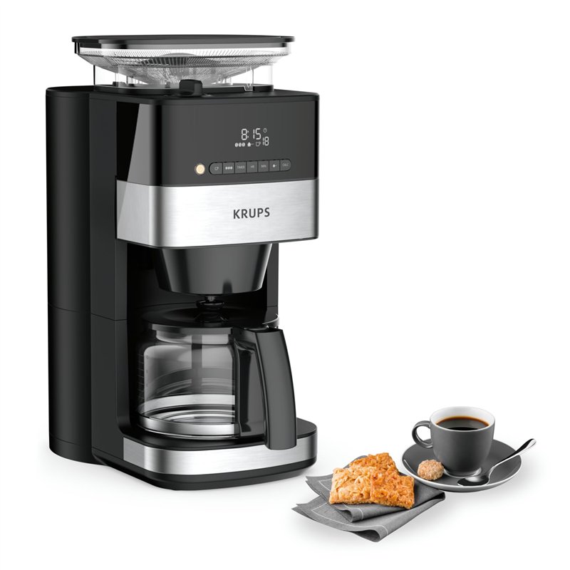 Krups Grind Aroma Cafetière filtre programmable, Broyeur à grains automatique intégré, Café grains ou moulu, 1,25 L, 10 tasses