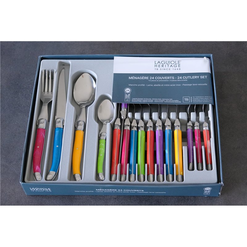 Laguiole Heritage - Ménagère 24 pièces multicolore - Set de couverts de table acier inox et ABS pour 6 personnes - Présentation 